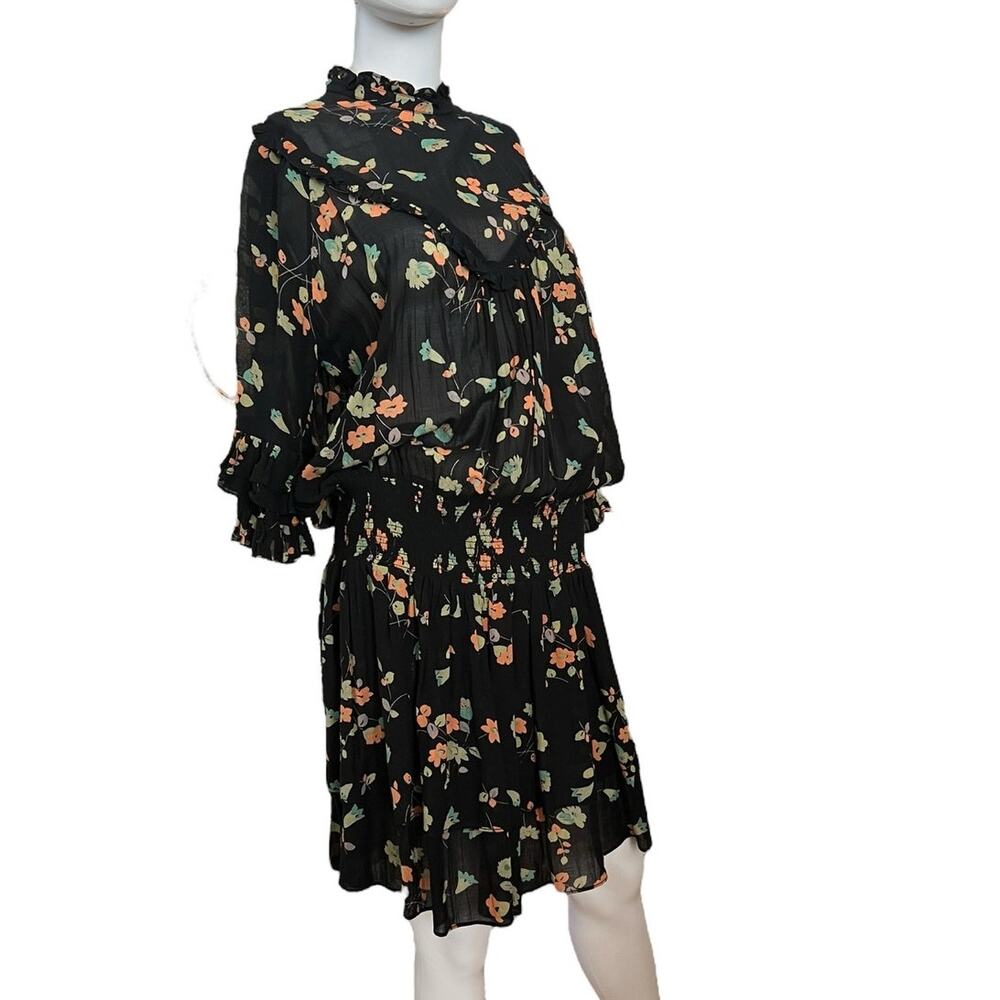 By Timo Black Floral Mockneck Ruffle Smocked Tiered Dress Size L